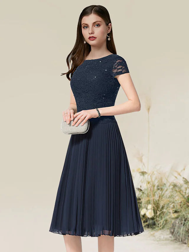 A-Linie Cocktailkleider Flirty Dress Homecoming Tee Länge Kurzarm Jewel Neck Chiffon mit Falten